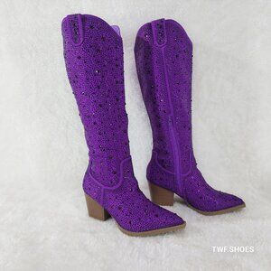 Wild One Dazzle Purple Rhinestone Disco Cowgirl Knee Boots